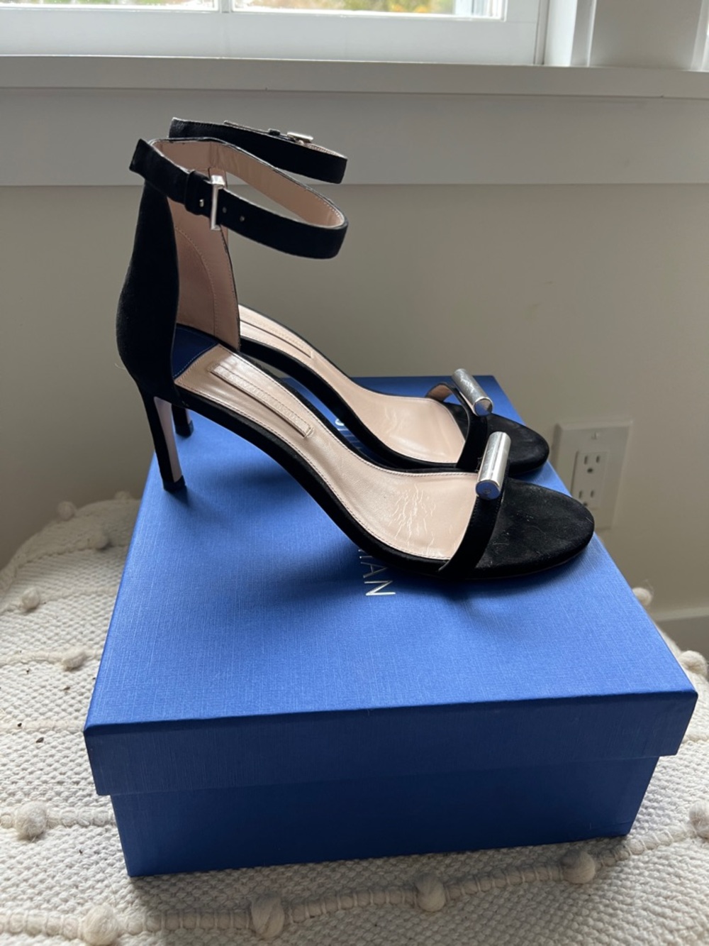 Stuart Weitzman Black Suede Open-Toe Ankle Strap Heels with Silver Accent